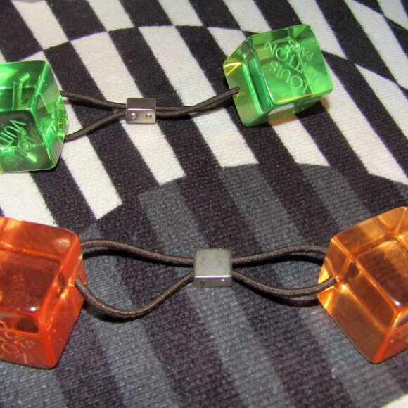 Auth Louis Vuitton Hair Cube Hair Tie Neon Green & Neon Orange Hair Tie with Bag - Picture 11 of 14